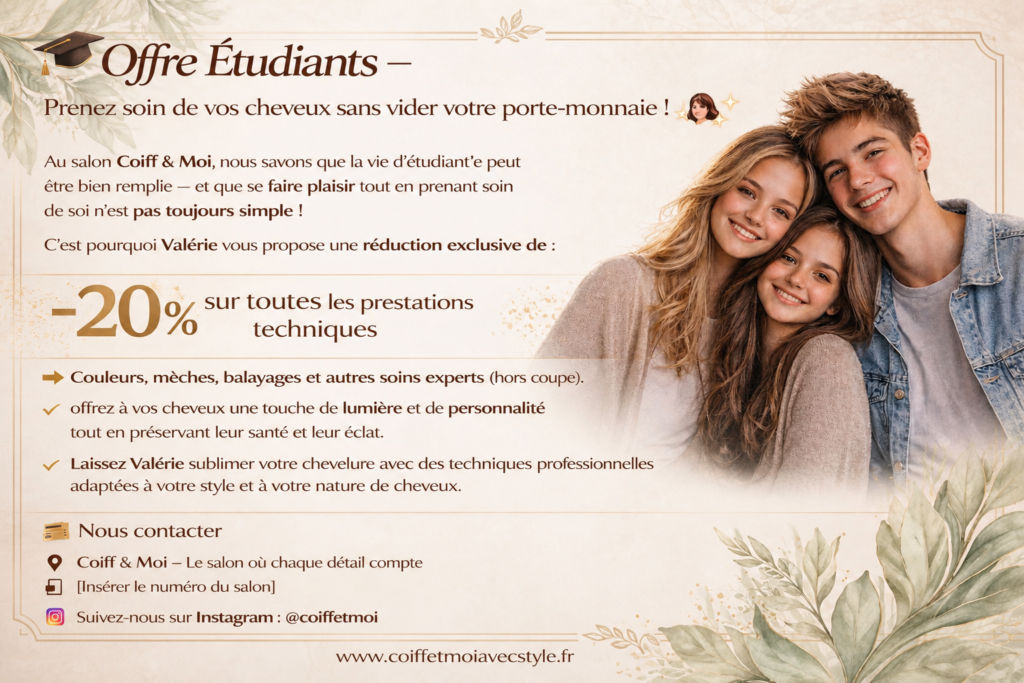 Offre Étudiante à Hyères -20% chez Coiff & Moi avec Style